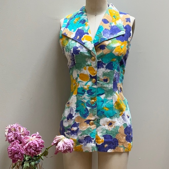 Vintage Tops - 70s handmade cotton linen water color floral button down vest top